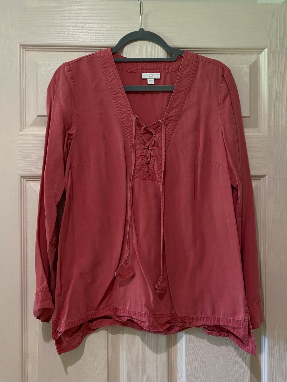 J. Jill dusty coral red lace-up tencel popover blouse tunic sharkbite hem Sz S